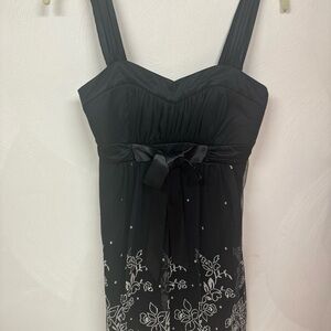 Sequin Hearts Black Midi Dress with White Floral Design